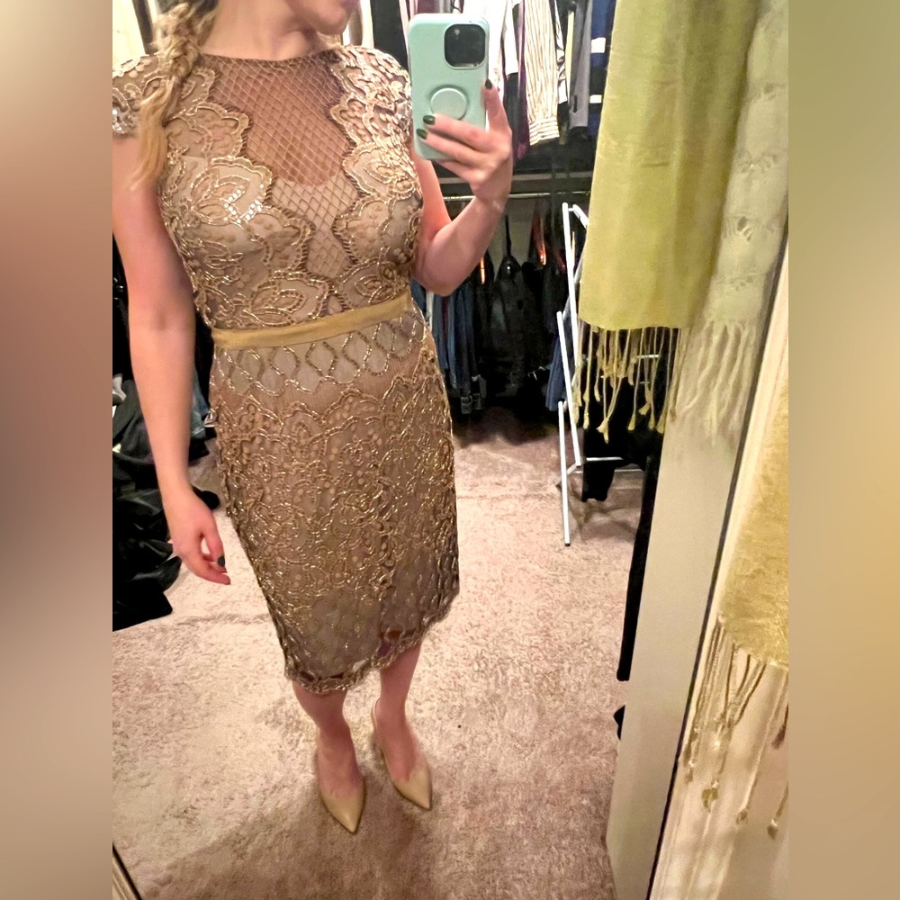 Tadash Shoji Designer women’s dress - gold, tan and silver stitching